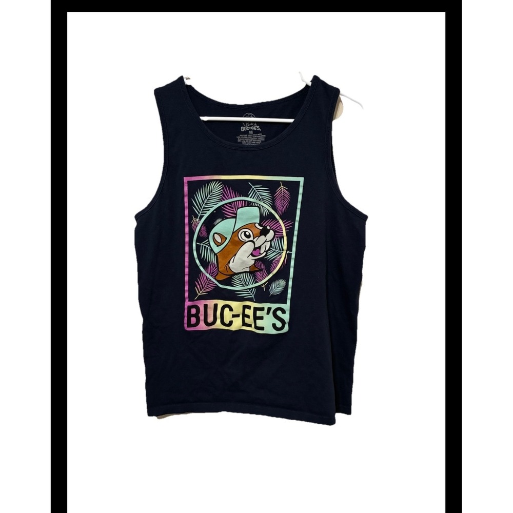Buc-ee's Mens TankTop Medium Navy Blue Tropical Beaver Graphic Cotton Sleeveless